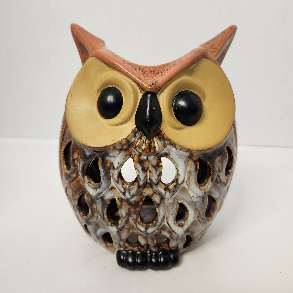 Vtg 70s Horned Owl Pottery Candle Holder Cut Out Retro Lantern Halloween 7×6.5×4
